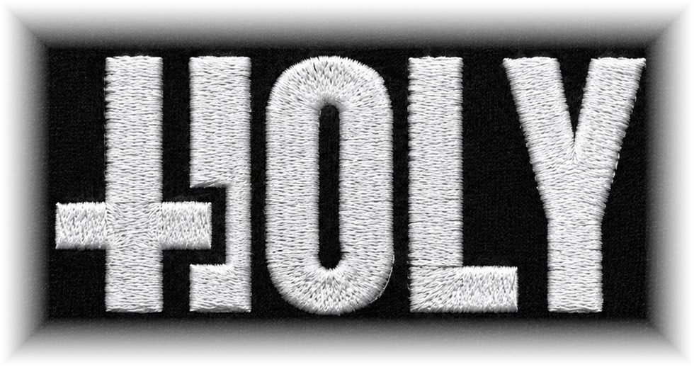 HOLY embroidered in white thread, with an inverted cross