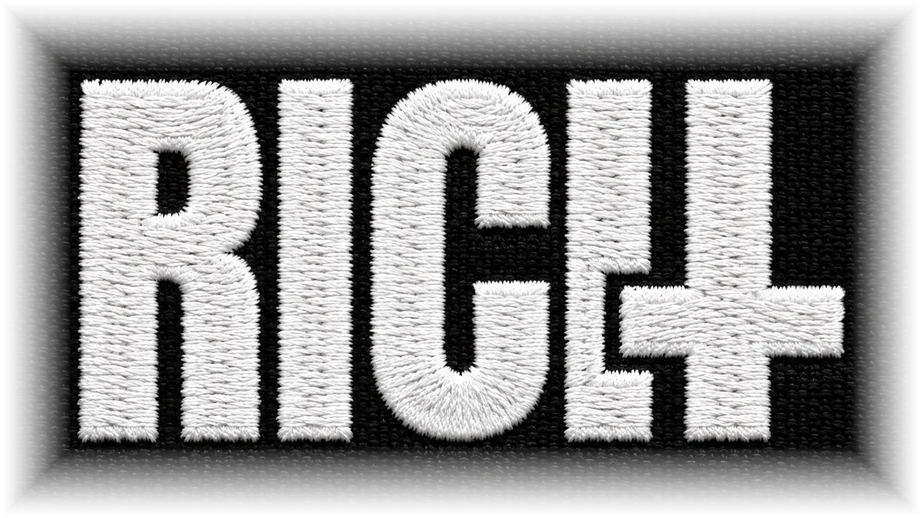 RICH embroidered in white thread, with an inverted cross
