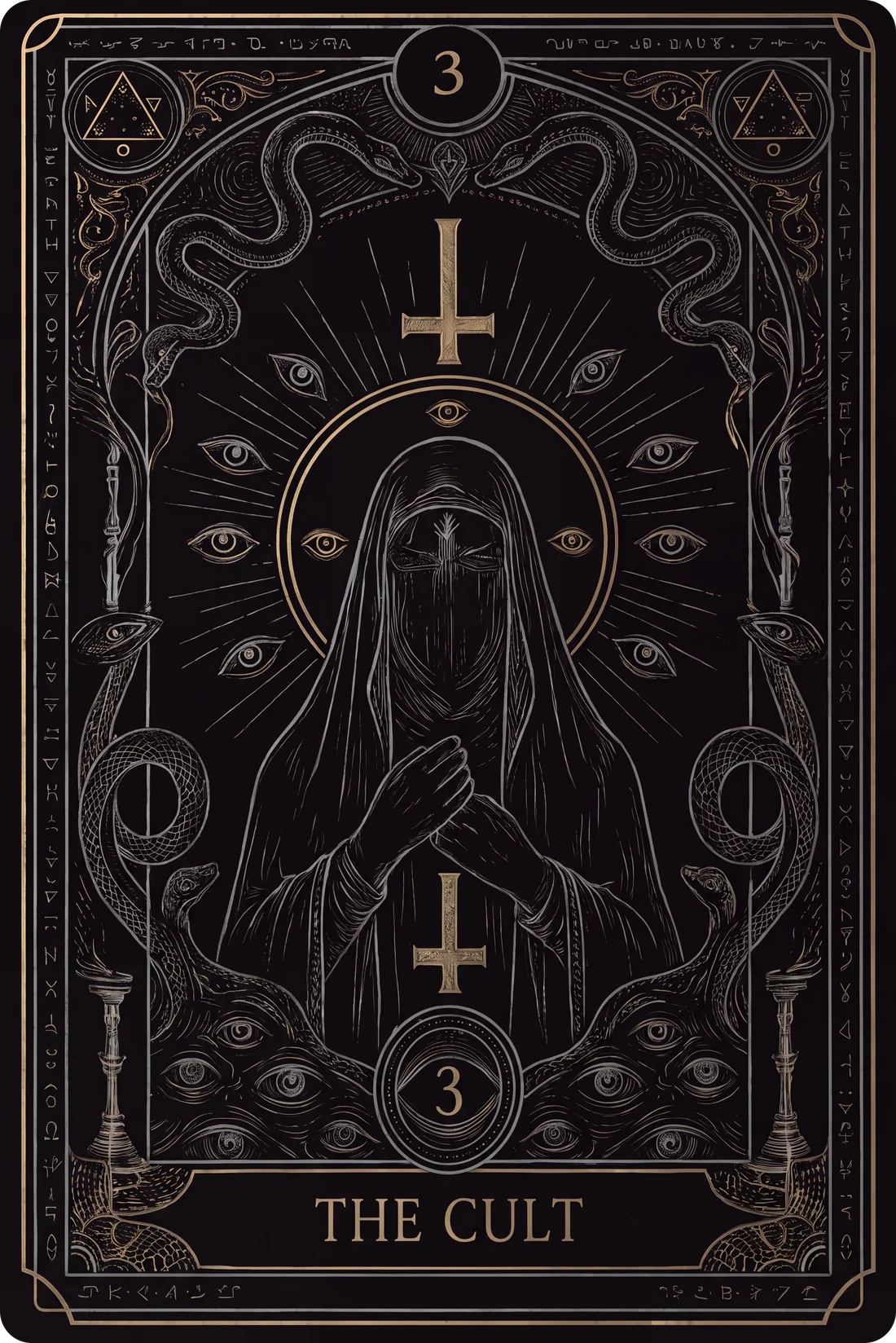 Tarot card The Cult: a veiled deity surrounded by eyes and inverted crosses
