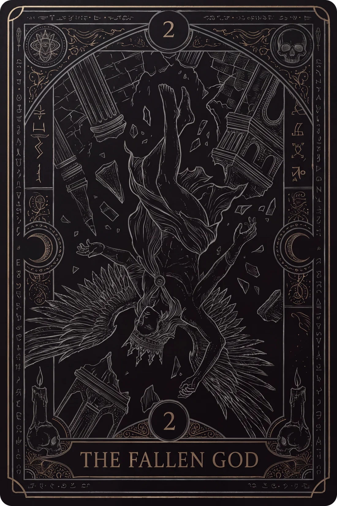 Tarot card The Fallen God: a crowned god falling from heaven with broken wings