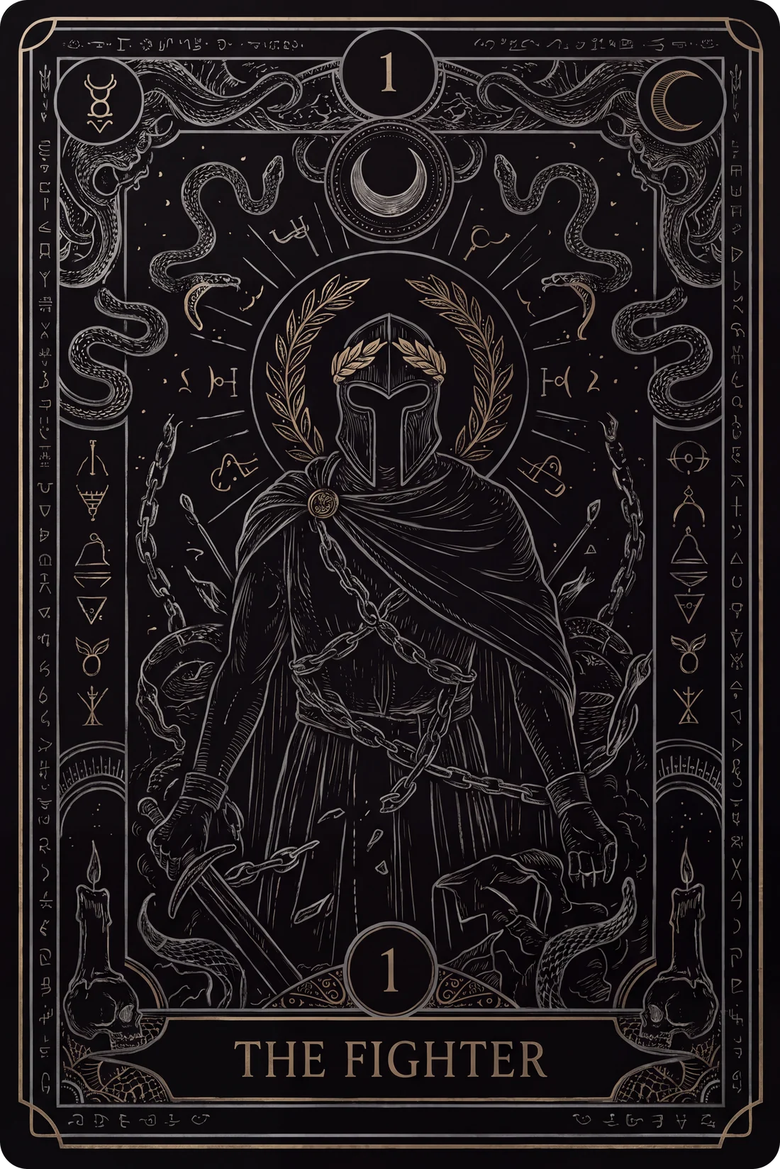 Tarot card The Fighter: a war god with laurel crown and broken chains